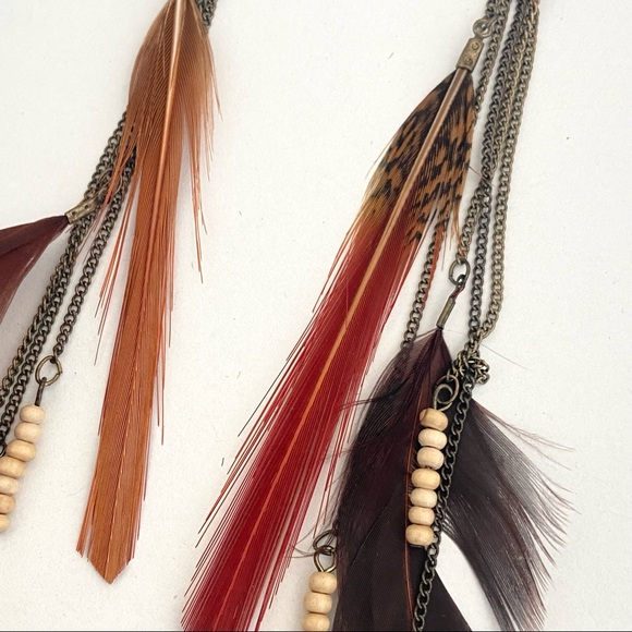 Feather & Wooden Beads Boho Earrings w/ dangling Feathers & Chains - Picture 2 of 5